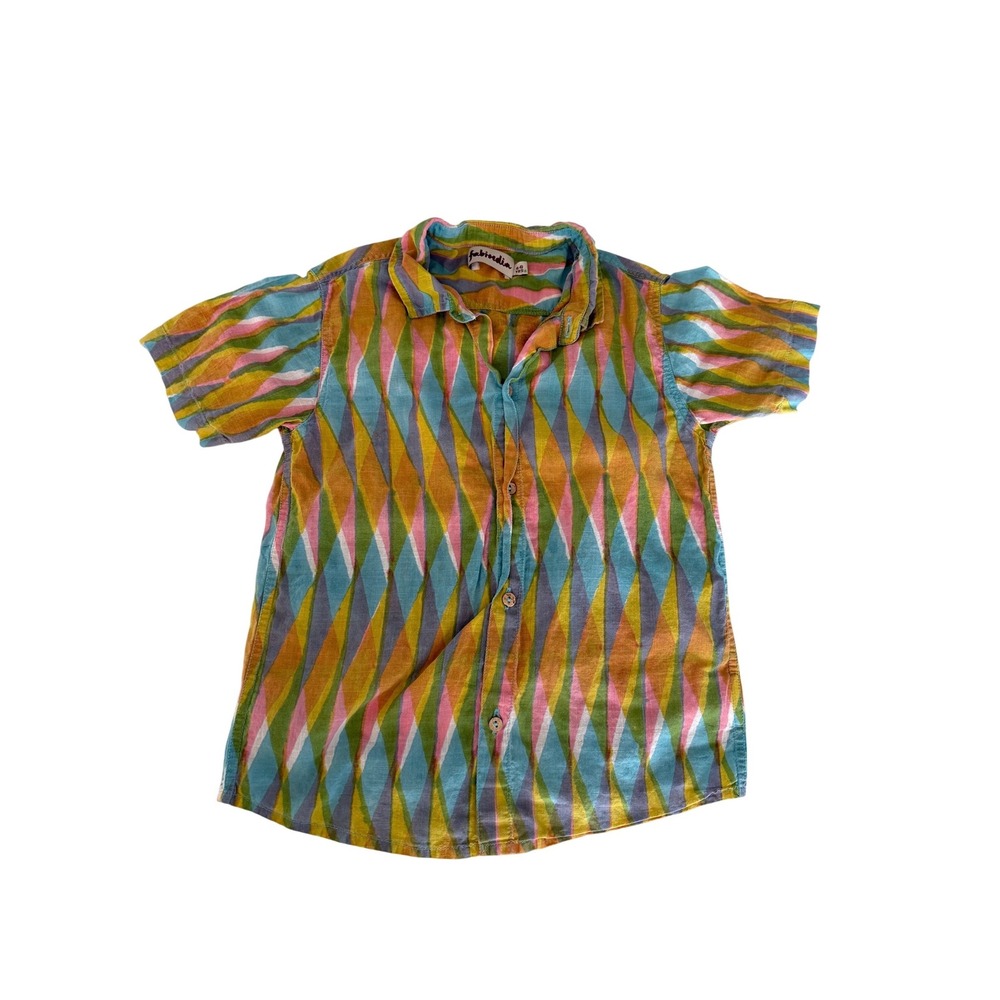 Fabindia Kids Cotton Short Sleeve Button Down Shirt Geometric Diamond Print 4-6Y
